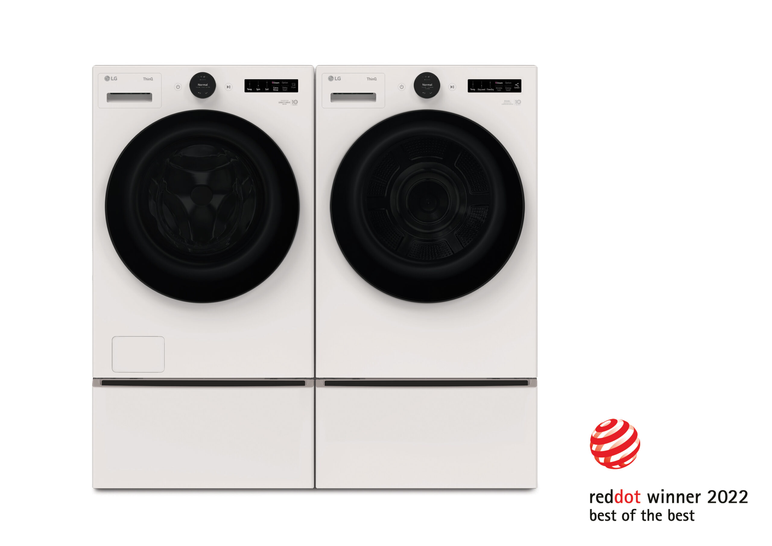 Logo of ‘reddot award 2022 best of the best’ with LG’s washer and dryer with an upgradability option