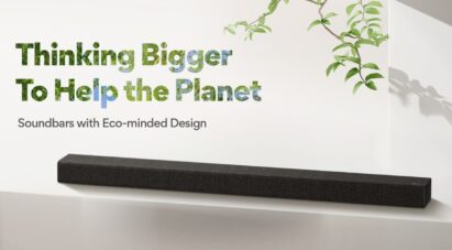 An image of a soundbar with phrases 'Thinking Bigger To Help the Planet' and 'Soundbars with Eco-minded Design''
