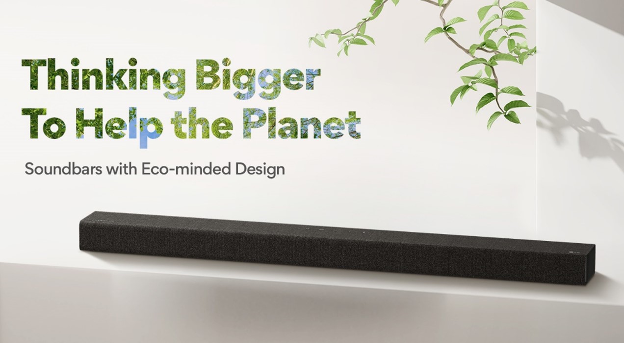 An image of a soundbar with phrases 'Thinking Bigger To Help the Planet' and 'Soundbars with Eco-minded Design'