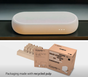 Images of LG Eclair soundbar and its packaging made with recycled pulp