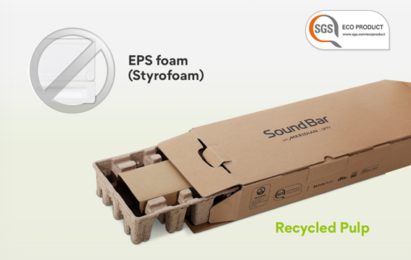 LG uses recycled pulp instead of EPS foam for its soundbar packaging which is far friendlier to the environment