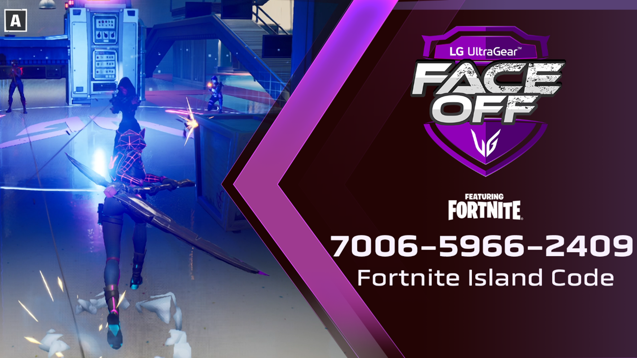 A promotional image of 'UltraCity,' LG UltraGear brand map in Fortnite, with Fortnite Island Code
