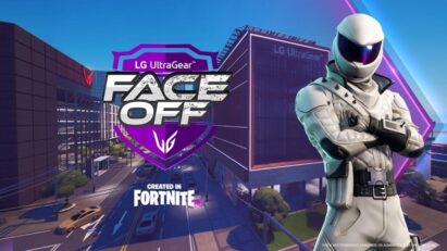 A promotional image of 'UltraCity,' LG UltraGear brand map in Fortnite, with a game character standing with its arms crossed