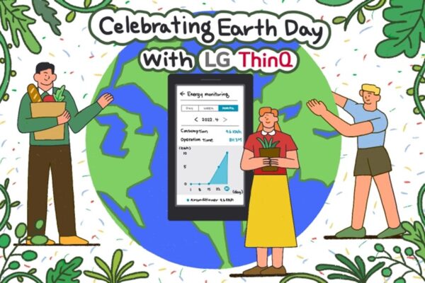 An illustration of Earth, smartphone with LG ThinQ app and people with the phrase 'Celebrating Earth Day with LG ThinQ'
