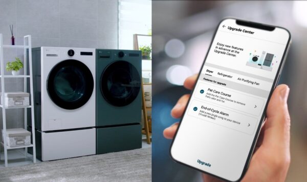 A photos of a smartphone with LG ThinQ app on and LG Washer and Dryer 