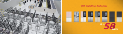Two images: Virtually recreated production line to simulate various production scenarios as a part of LG's Digital Twin Technology and the illustration with LG Refrigerators with the phrase 'up to 58 types' on it