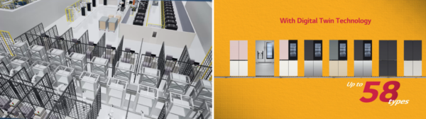 A computer-generated image of a  production line next to a promotional image for LG’s Digital Twin Technology refrigerators with the text, 'up to 58 types.'