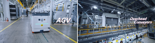 The photo of Automated Guided Vehicle(AGV) and Overhead Conveyors installed in LG Smart Factory in Changwon, South Korea