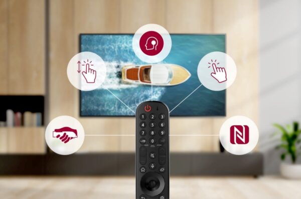 LG’s Magic Remote with icons representing its user-friendly functions for quick and intuitive access to LG webOS 6.0, while an LG TV plays in the background.