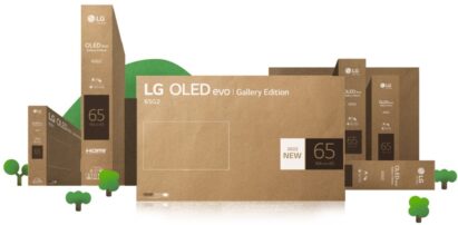 LG OLED evo TVs packed in recyclable boxes featuring single-color printing to save on energy and resources.