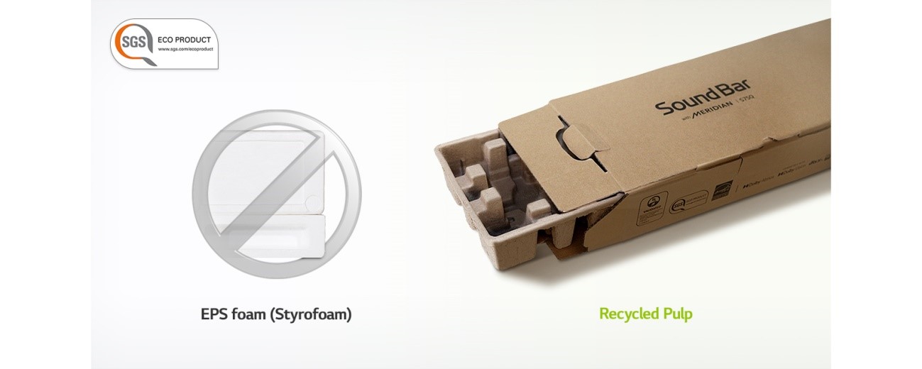 LG uses recycled pulp instead of EPS foam for its soundbar packaging which is far friendlier to the environment
