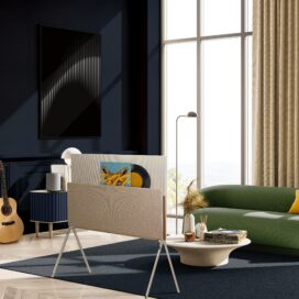 LG Objet Collection, Posé, effortlessly blending into a living room’s beautiful décor with its screen partially hidden by its unique fabric cover