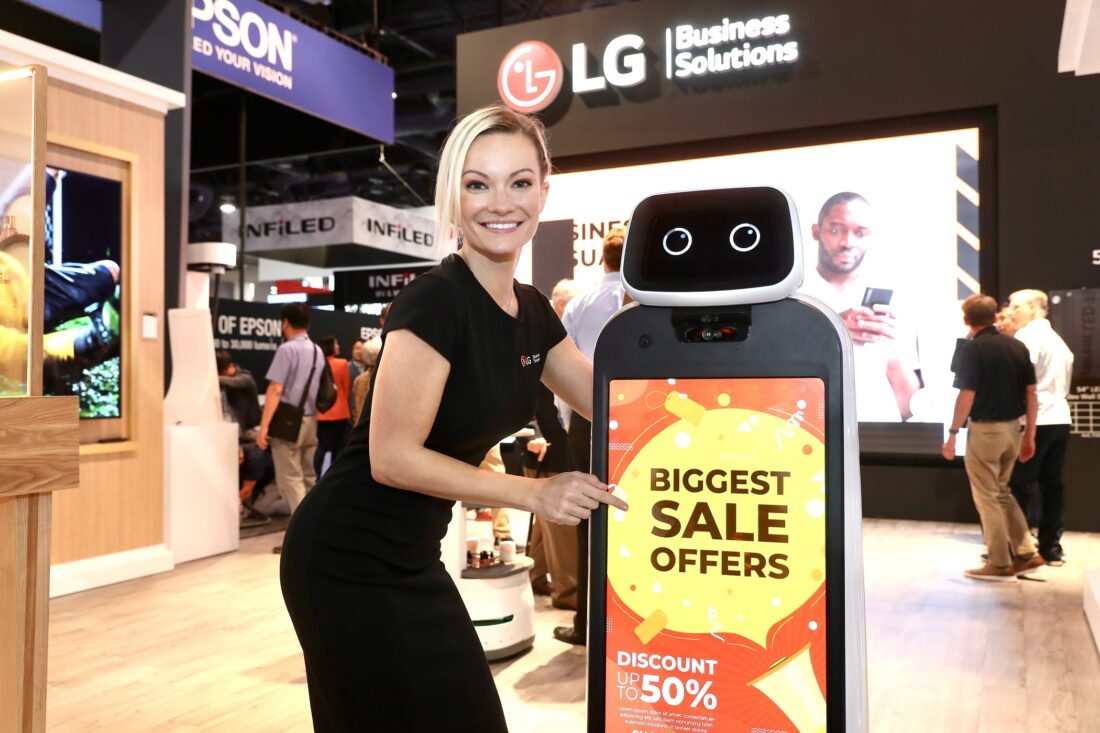 A diverse lineup of LG's LED signage products and autonomous robots showcased in Las Vagas at InfoComm 2022.