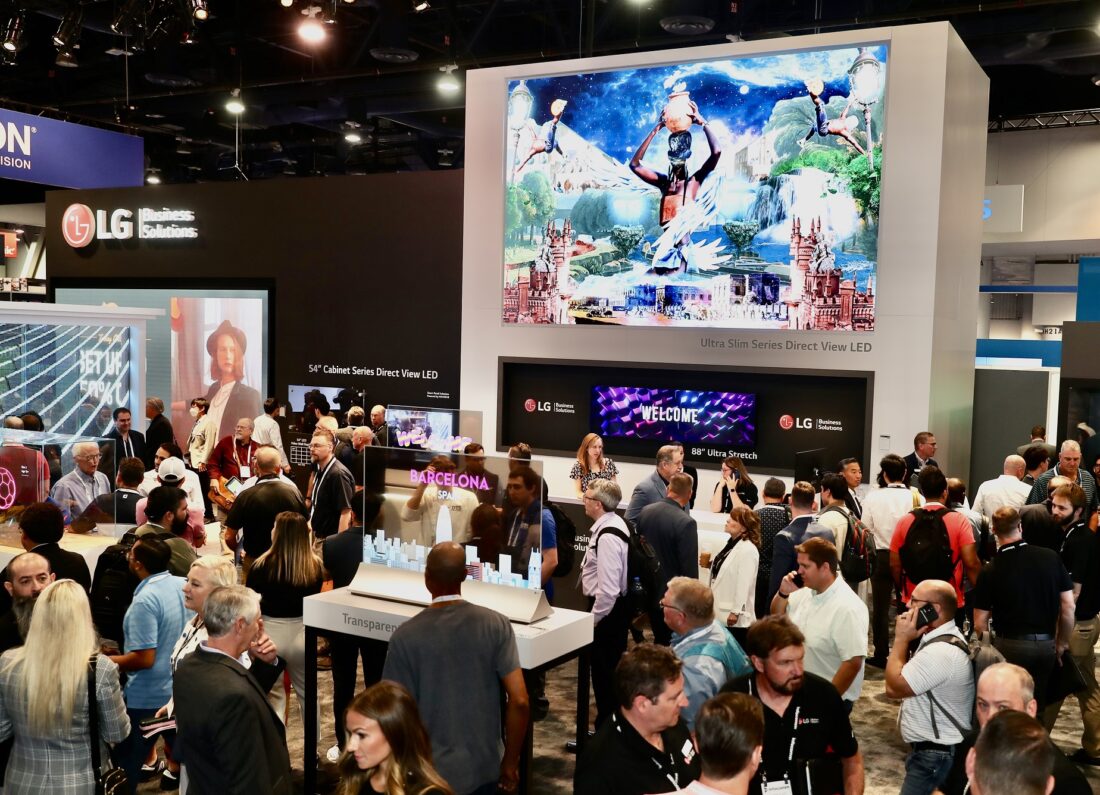 A diverse lineup of LG's LED signage products and autonomous robots showcased in Las Vagas at InfoComm 2022.