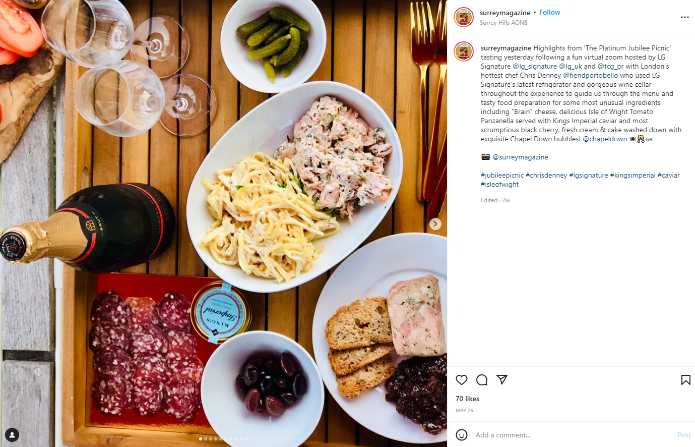 An Instagram post of an influencer who participated in the virtual LG SIGNATURE event for Platinum Jubilee celebration with a pohto of delicious plate made with food from the luxurious picnic hamper for the event