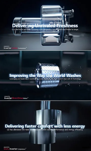 A screencapture of a video featuring LG's Inverter Linear Compressor, Inverter Direct Drive Motor and Dual Inverter Compressor
