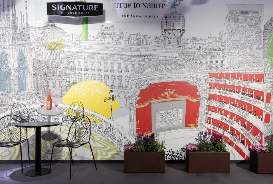 The art piece by Italian architect and illustrator, Carlo Stanga, is displayed at the Signature Kitchen Suite showroom in Piazza Cavour, Milan, Italy