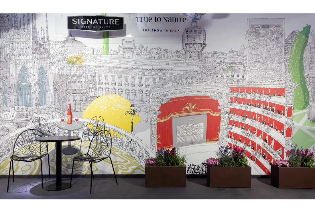 The art piece by Italian architect and illustrator, Carlo Stanga, is displayed at the Signature Kitchen Suite showroom in Piazza Cavour, Milan, Italy