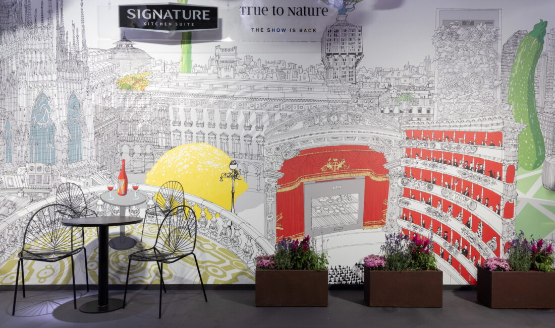 The art piece by Italian architect and illustrator, Carlo Stanga, is displayed at the Signature Kitchen Suite showroom in Piazza Cavour, Milan, Italy