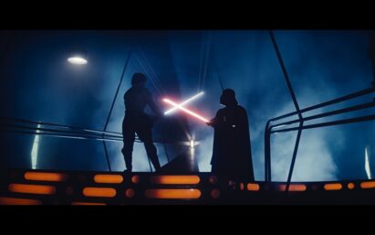A fight scene of Darth Vader and Luke Skywalker from Star Wars movie