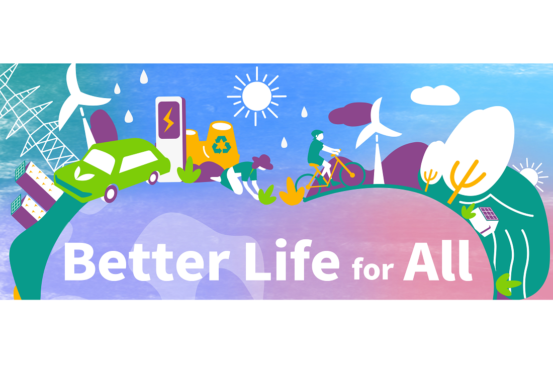 An illustration to depict a environmentally friendly lifestyle with images of an electric vehicle, wind turbine, farmer and more