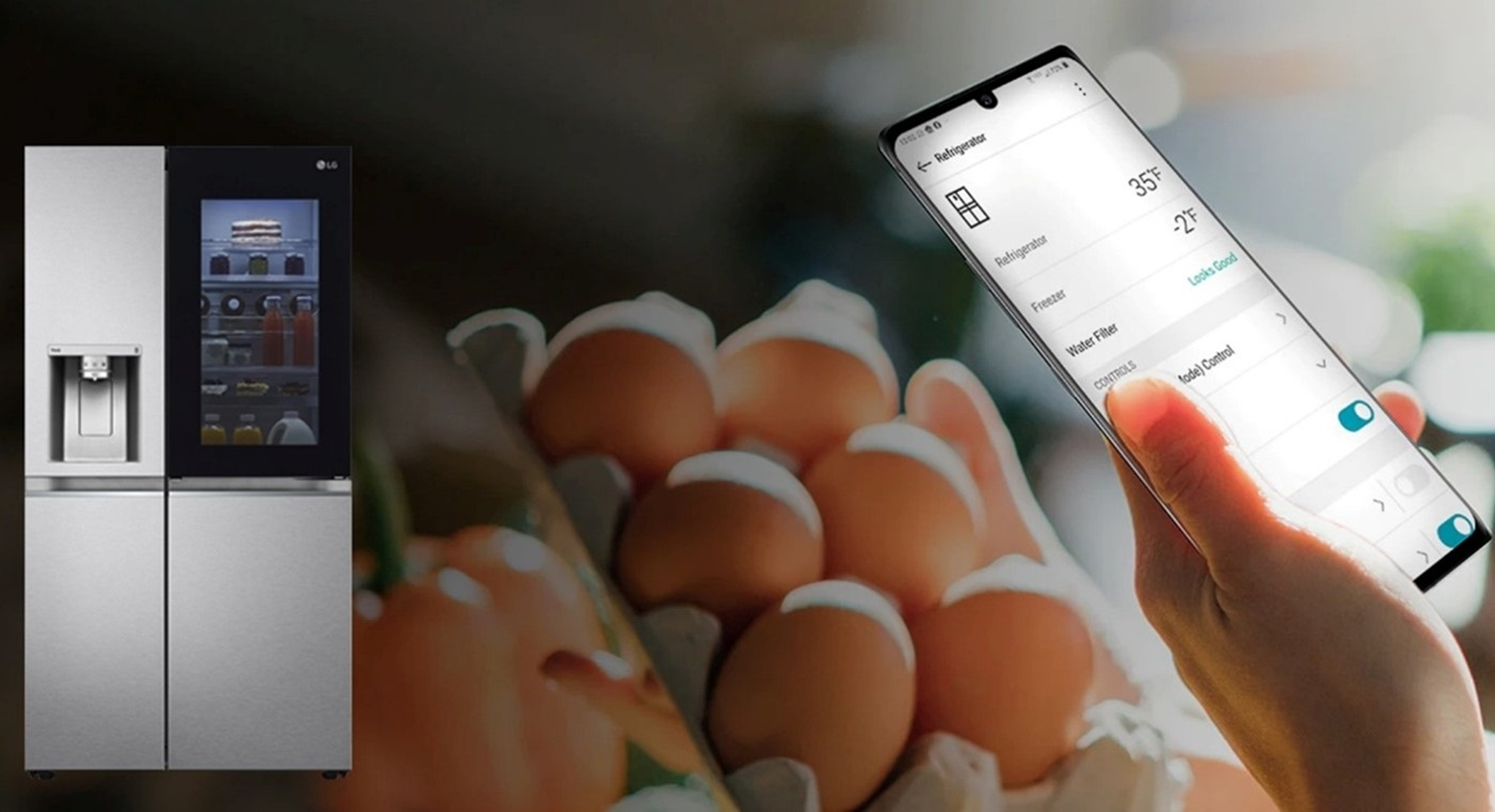 A picture of LG InstaView, a box of eggs and a smartphone with LG ThinQ app on