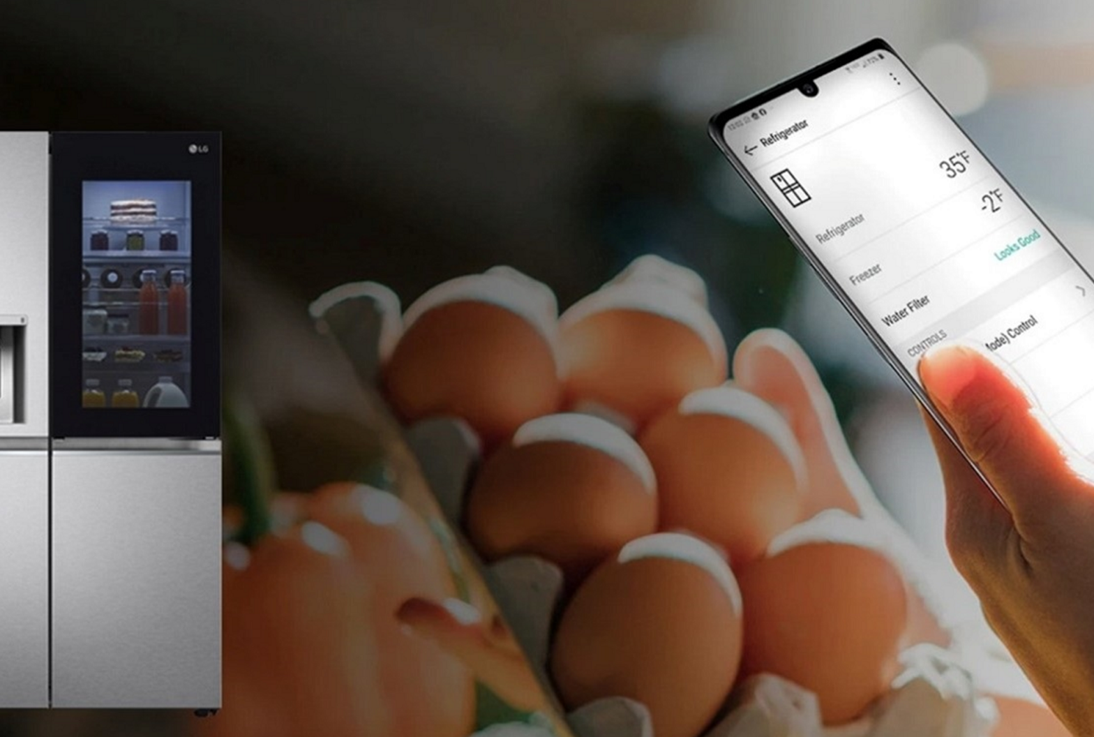 A picture of LG InstaView, a box of eggs and a smartphone with LG ThinQ app on