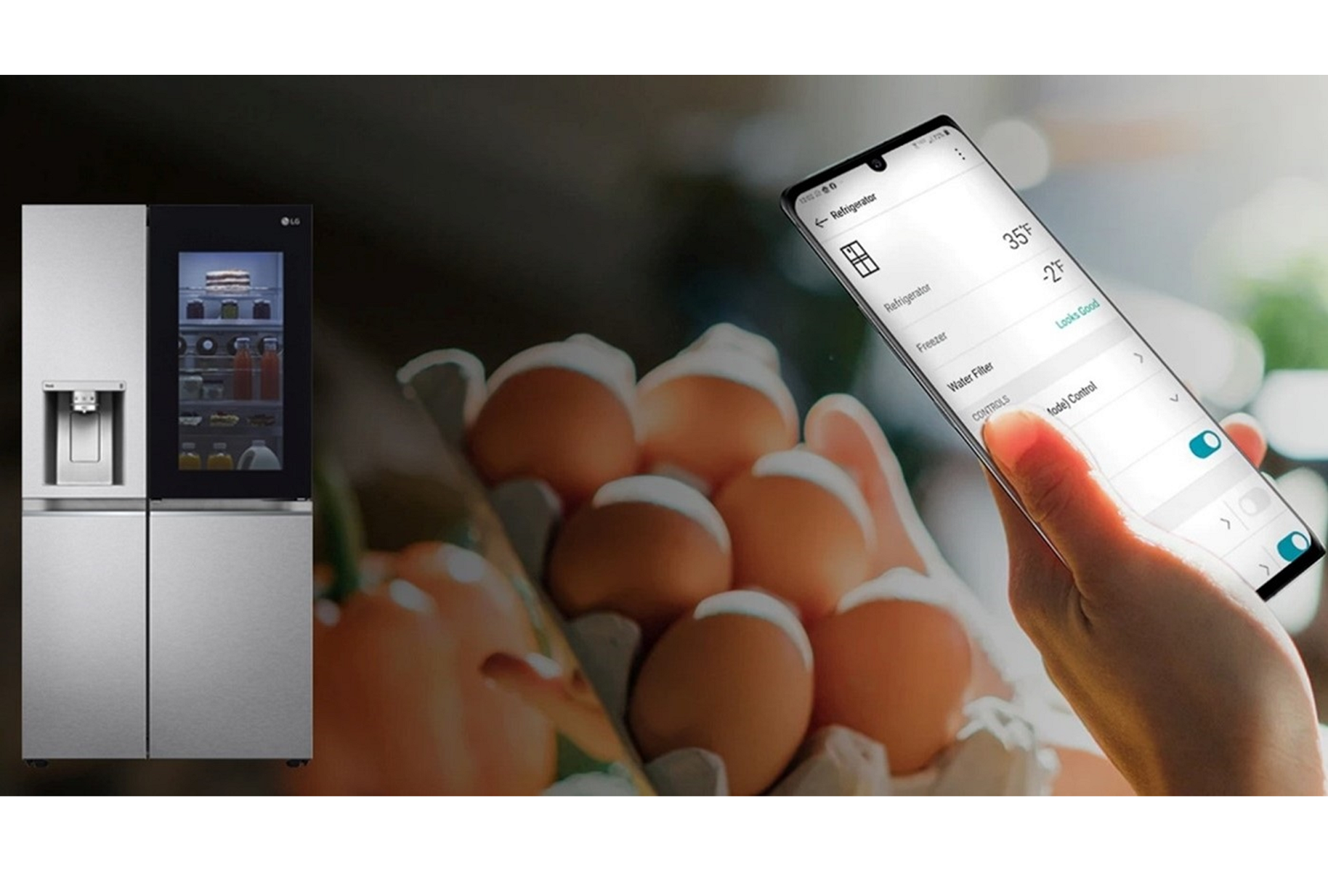 A picture of LG InstaView, a box of eggs and a smartphone with LG ThinQ app on