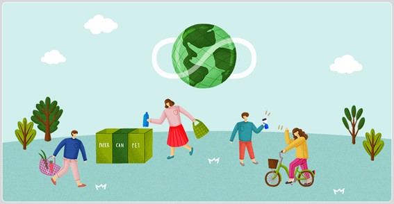 An illustration of people recycling, riding bicycle and using reusable grocery bags to take care of the environment
