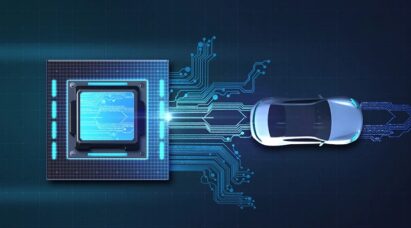 A circuit coming out from a chipset is reaching out to an automobile