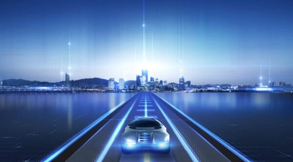 A futuristic illustration of a car driving down the narrow road with a view of a city in the background