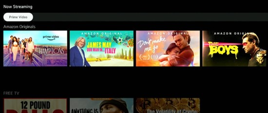 The LG Smart TV webOS screen listing Prime Video’s popular Amazon Originals as thumbnails.