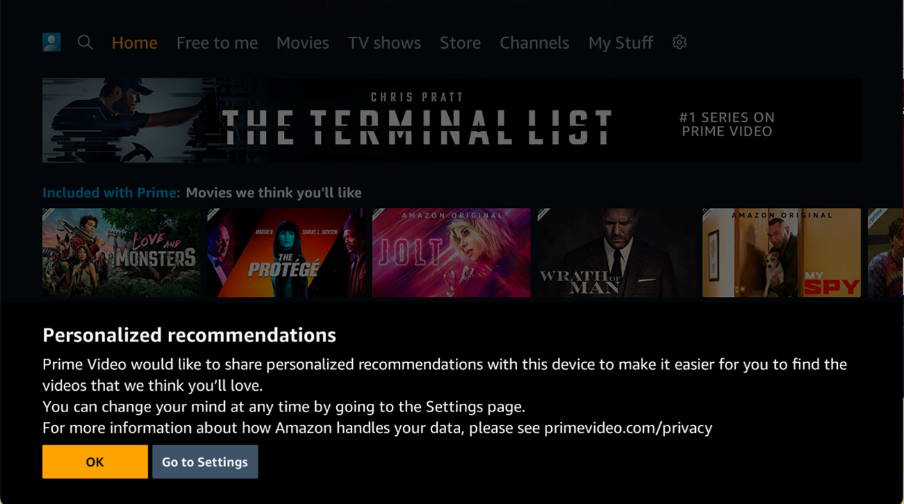 Amazon Prime Video’s webOS Home Page with a notification being displayed explaining the platform’s personized recommendations.