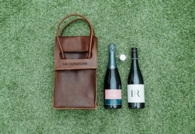A gift for guests including an LG SIGNATURE leather double wine holder, Wiston Estate Rosé NV, Hoffmann & Rathbone Pinot Noir and an LG SIGNATURE-branded champagne stopper.