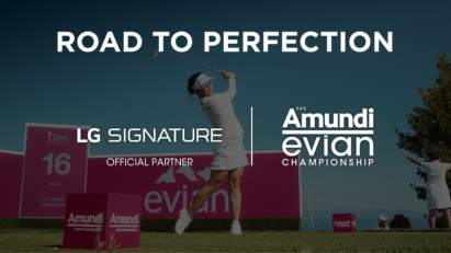 Professional golfer Ko Jin-young swinging a golf club with the Amundi Evian Championship and LG SIGNATURE logos overlayed