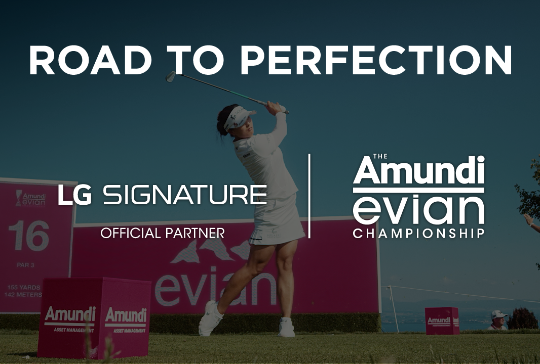 Professional golfer Ko Jin-young swinging a golf club with the Amundi Evian Championship and LG SIGNATURE logos overlayed