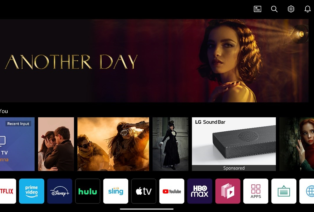 The new webOS Home Screen displaying popular shows, recommended content and icons for every popular video streaming service