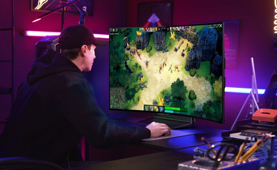 A gamer playing a video game on LG OLED Flex newly unveiled at IFA 2022