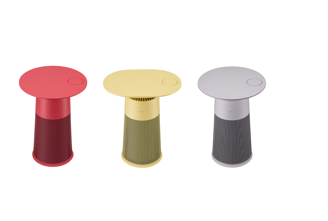 LG's new table-type PuriCare Objet Collection Aero Furniture air purifiers with three colors including Crème Rose, Crème Yellow and Crème Grey