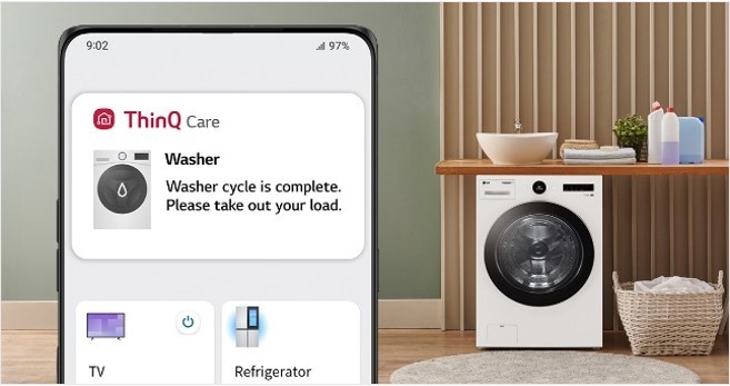 An image with a smartphone displaying ThinQ app on the left and LG washer placed in the laundry room on the right