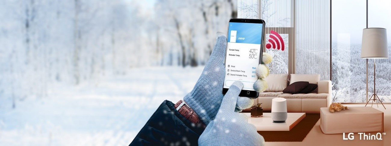 (from left to right) photo of a snowing forest, a person activating LG ThinQ app with his/her smartphone with gloves on and a photo of a luxurious living room where LG appliances are controlled by LG ThinQ app