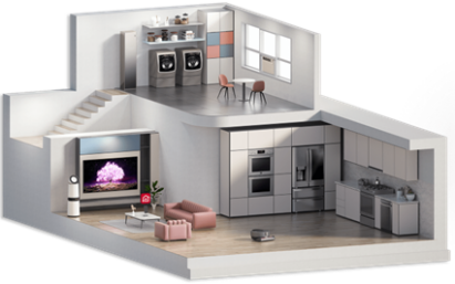 Virtual image of a two-story house fully equipped with various LG products such as a refrigerator, a washer, a dryer, a PuriCare air purifier and more