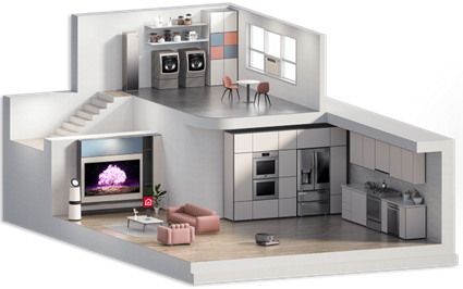 Virtual image of a two-story house fully equipped with various LG products such as a refrigerator, a washer, a dryer, a PuriCare air purifier and more