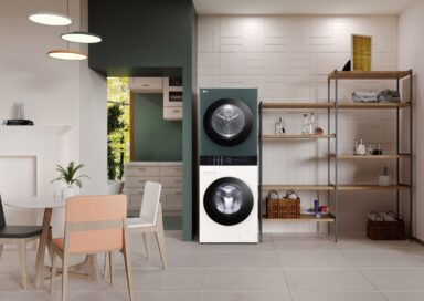 LG’s new WashTowerTM Compact Objet Collection is placed in the utility room next to the shelves.