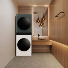 LG’s new WashTowerTM Compact Objet Collection is positioned in the bathroom next to the basin.