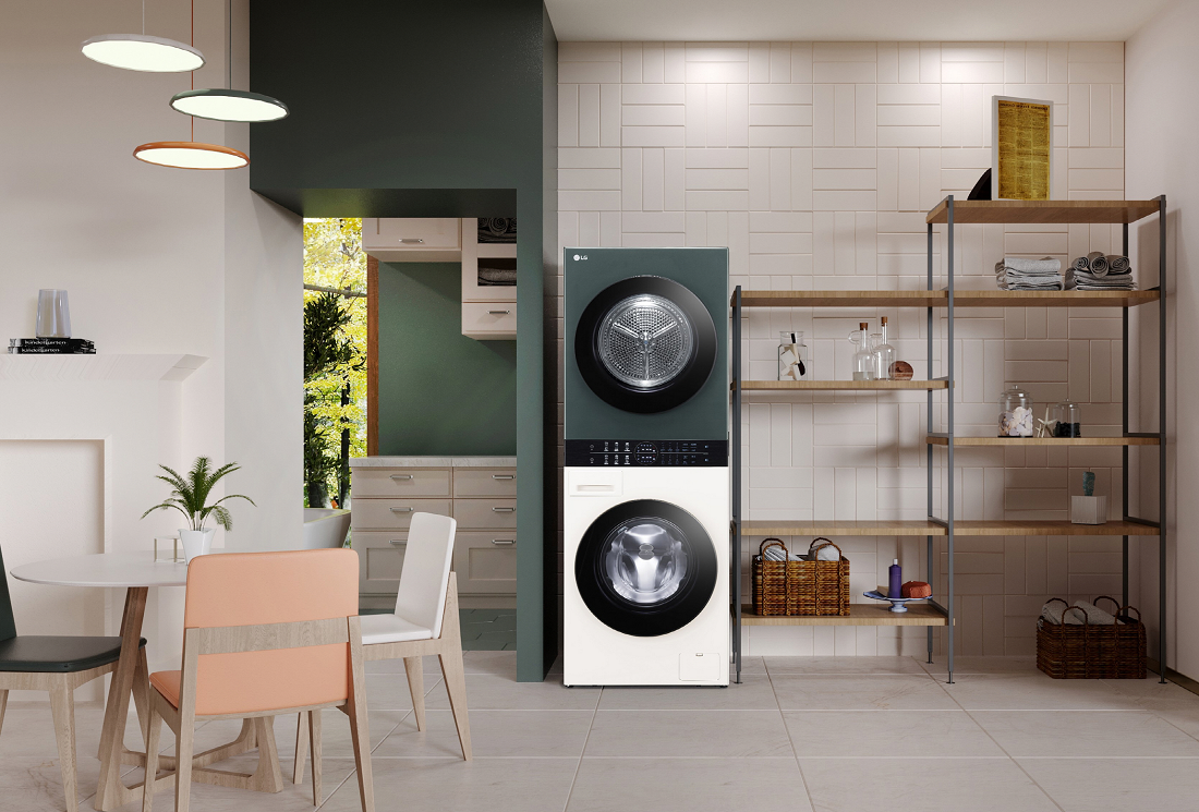 LG’s new WashTowerTM Compact Objet Collection is placed in the utility room next to the shelves.