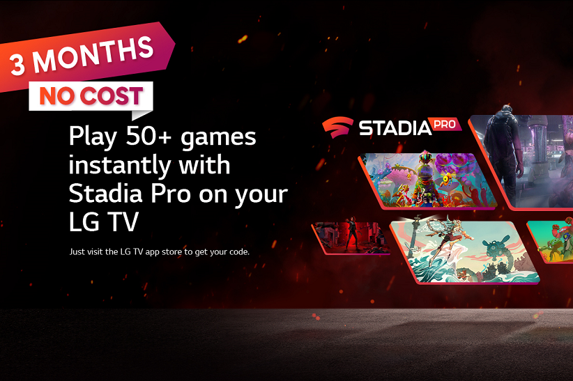 Promotional image for LG’s partnership with Stadia Pro which offers 3-months free access to new and existing LG Smart TV owners.