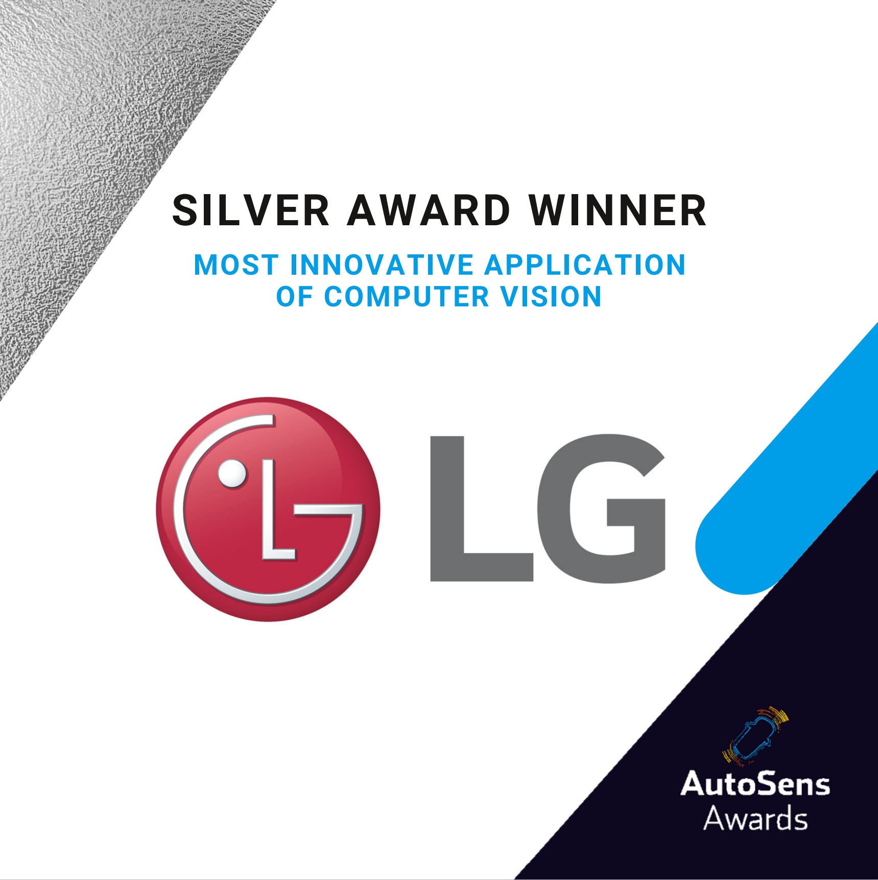 Image of Silver Award from AutoSens Awards given to LG with the phrase "Most Innovative Application of Computer Vision"
