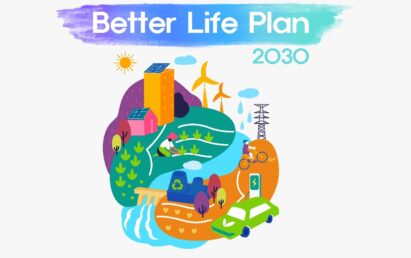 A colorful illustration of a green town with the phrase, “Better Life Plan 2030”