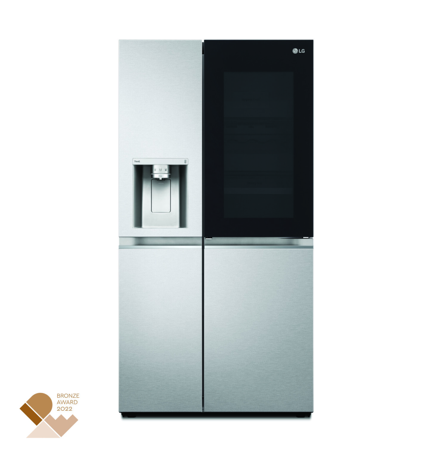 An image of LG InstaView Refrigerator with a bronze IDEA logo on the left bottom LG NEWSROOM